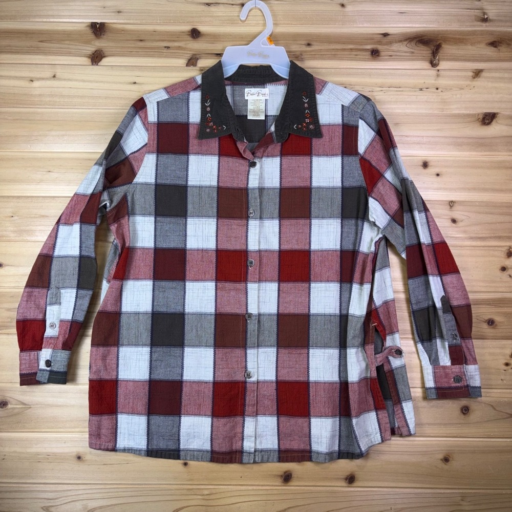 Bobbie Brooks Blouse Womens 18W/20W Red Checkered Floral Embroidered Button Up